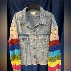 Elan Blue Denim Jacket with Multicolor Crochet Sleeves